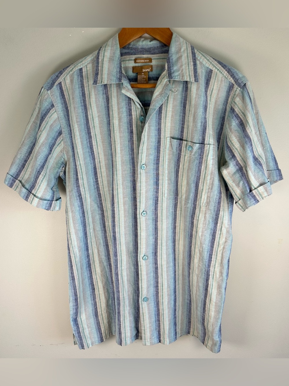 Bruno Washable Linen Mens Striped Short Sleeve Shirt M Collared Button Up Woven